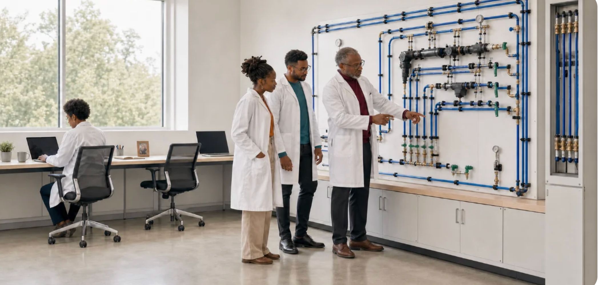 Enkareflow engineers reviewing a hydraulic manifold wall in the studio