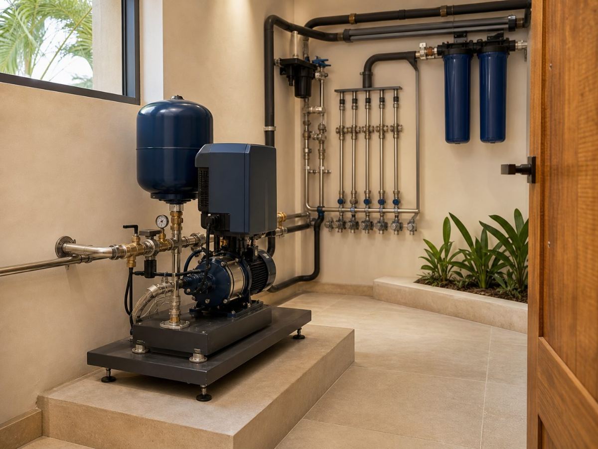 Variable-speed booster pump set with pressure vessel installed in a home plant room