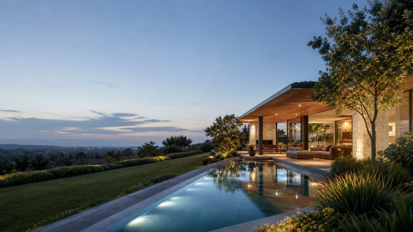 Modern hillside home with infinity pool and warm interior lighting at dusk