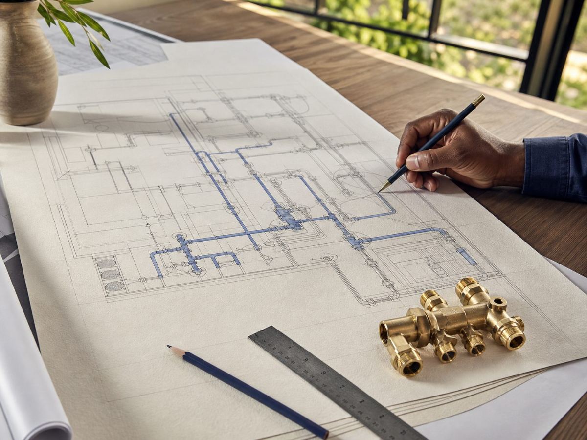 Engineer drawing a residential water schematic by hand over brass fittings and a ruler