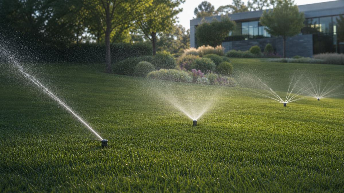 Irrigation system watering a green field