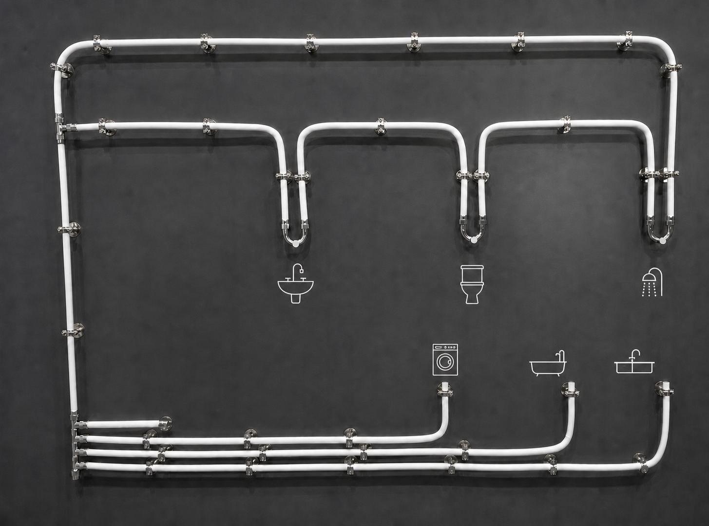 White PEX distribution pipes running in parallel along a wall