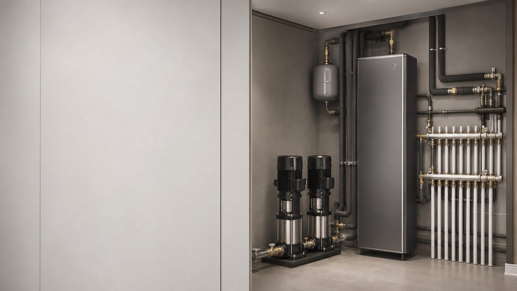 Twin booster pumps, buffer vessel and manifold pipework in a tiled plant room
