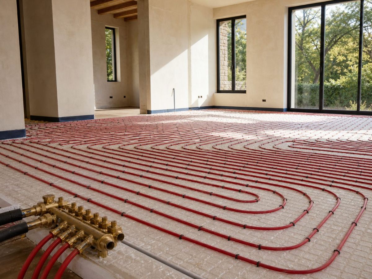 Red radiant heating loops and brass manifold laid out across a floor before screeding