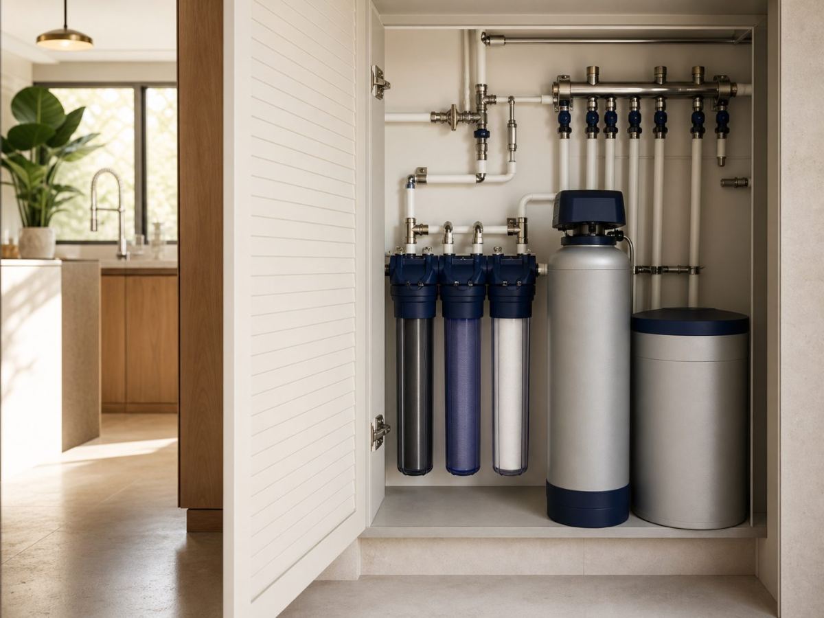 Whole-home filter train, softener and conditioning cylinders in a concealed cabinet